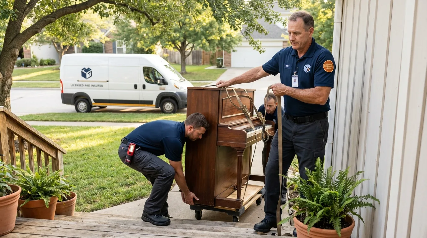Licensed piano movers securing grand piano in Carbon Hill, AL