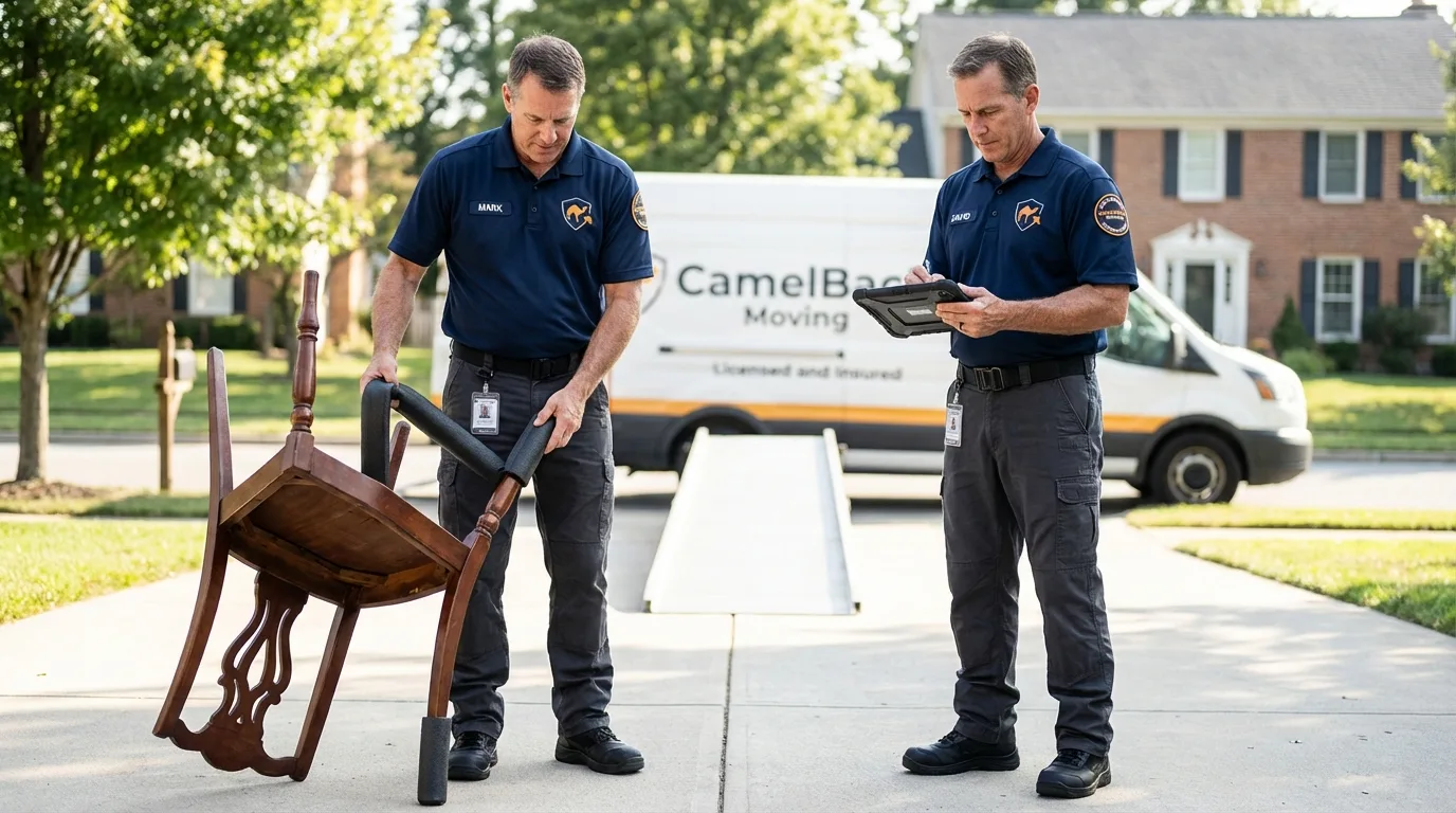 Movers inspecting furniture for damage prevention before loading in Carbon Hill, AL