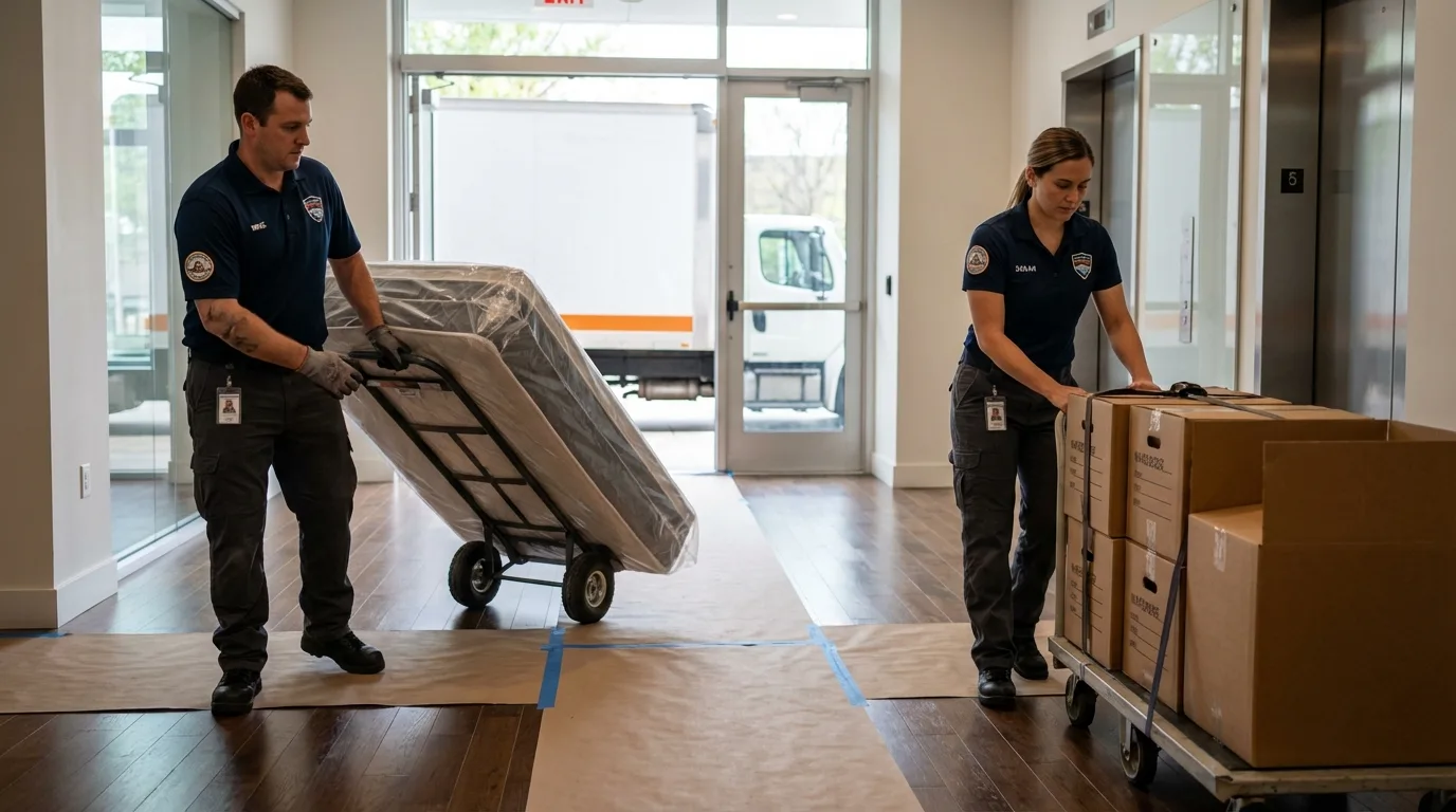 Professional apartment movers loading elevator in Carbon Hill, AL